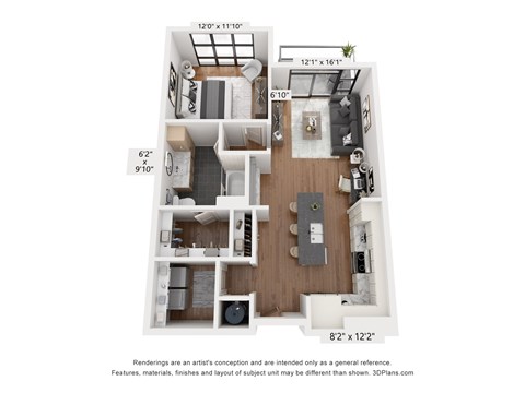 A 3D floor plan of a small apartment with a kitchen, living room, and two bedrooms.